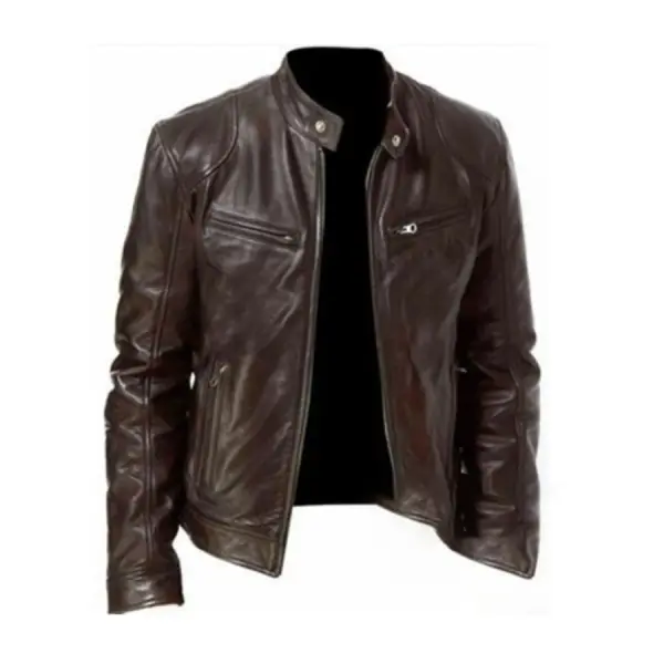 Mens Leather New PU Coat Stand Collar Leather Jacket - Chrisitina.com 