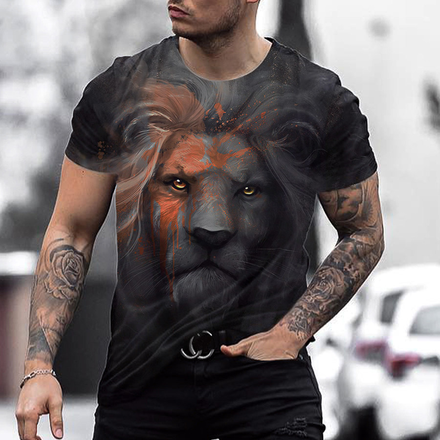 

Fashion Big Lion Print Round Neck Short Sleeve T-shirt