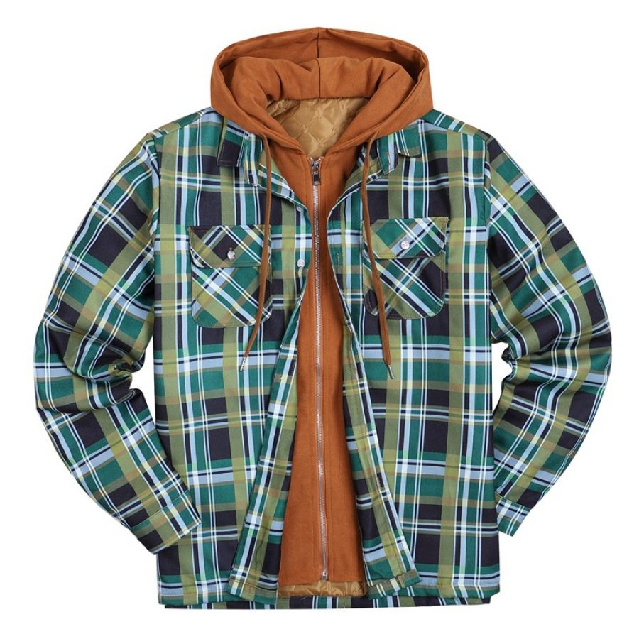 

Men's Fashion Casual Plaid Quilted Hooded Fake Two-piece Jacket