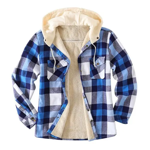 Men's Winter Thick Flannel Sherpa Lined Plaid Hooded Shirt Casual