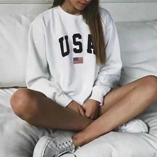 Letter Print Round Neck Long sleeved Loose Sweater Women