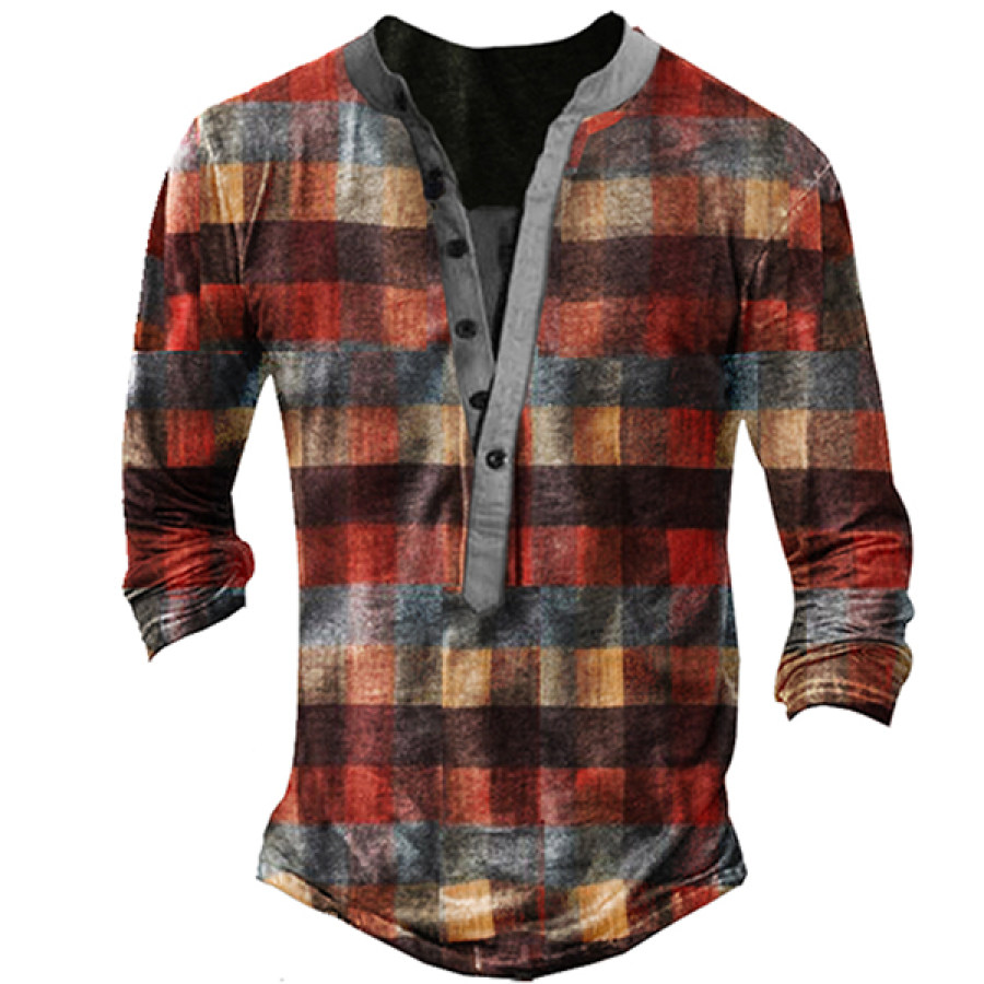 

Camicia A Maniche Lunghe Con Bottoni Henley Da Uomo Outdoor Tattiche A Quadri Retrò