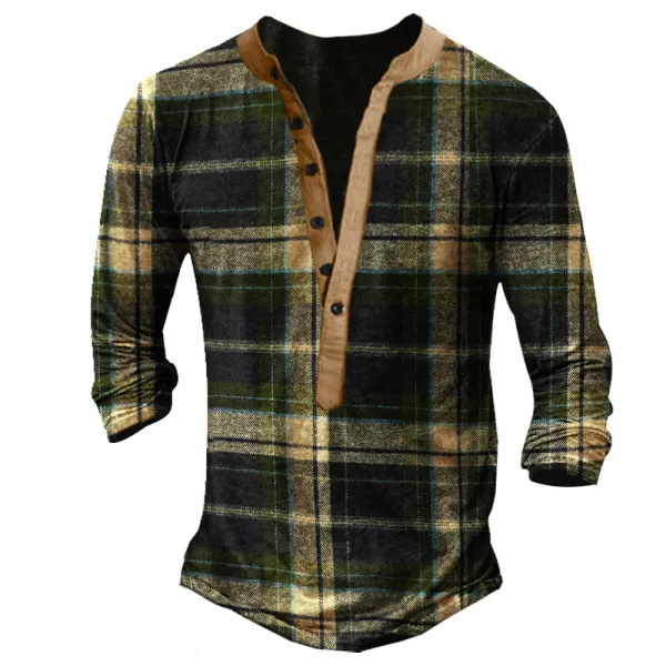 Retro Plaid Men's Outdoor Tactics Henley Button Long Sleeve Shirt - Blaroken.com 