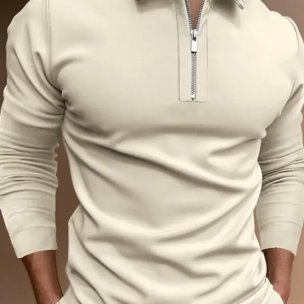 Men's Solid Color Zipper Long Sleeve POLO - Nikiluwa.com 