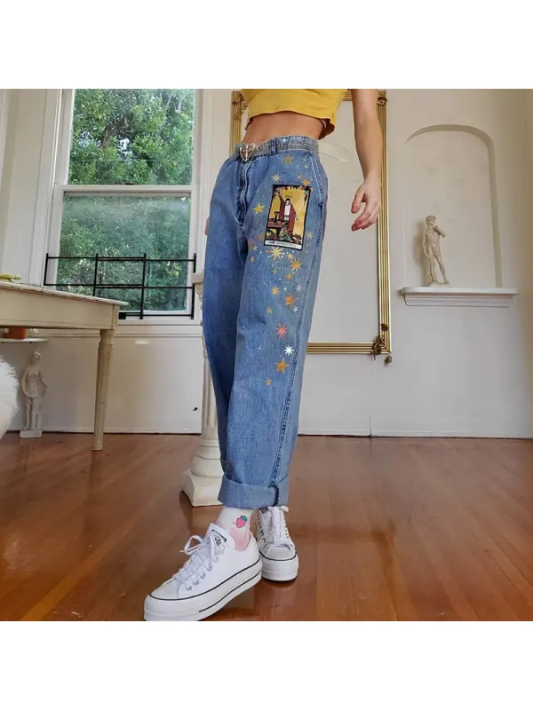 Fashion Star Printed Long Loose Womens Jeans - Cominbuy.com 