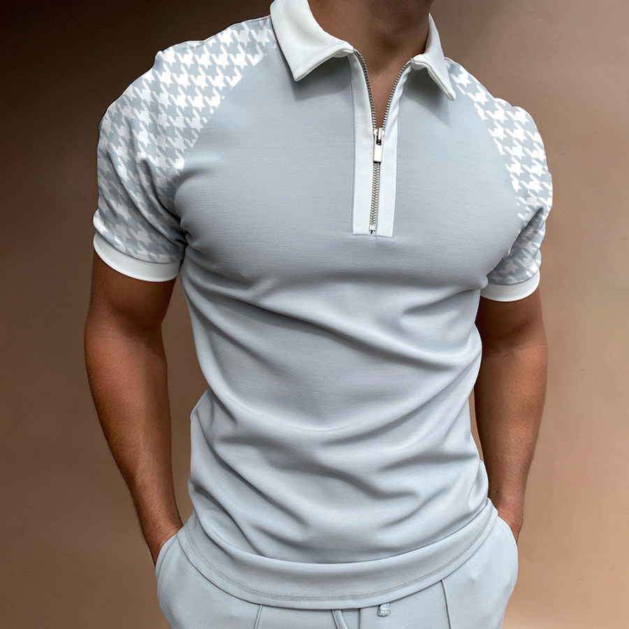 

Men's Casual Houndstooth Pattern Print Color Matching Short Sleeve Zipper Polo Shirt