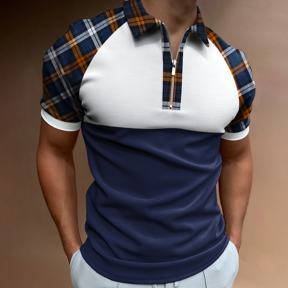 Men's Casual Plaid Pattern Print Chic Color Matching Short Sleeve Zipper Polo Shirt