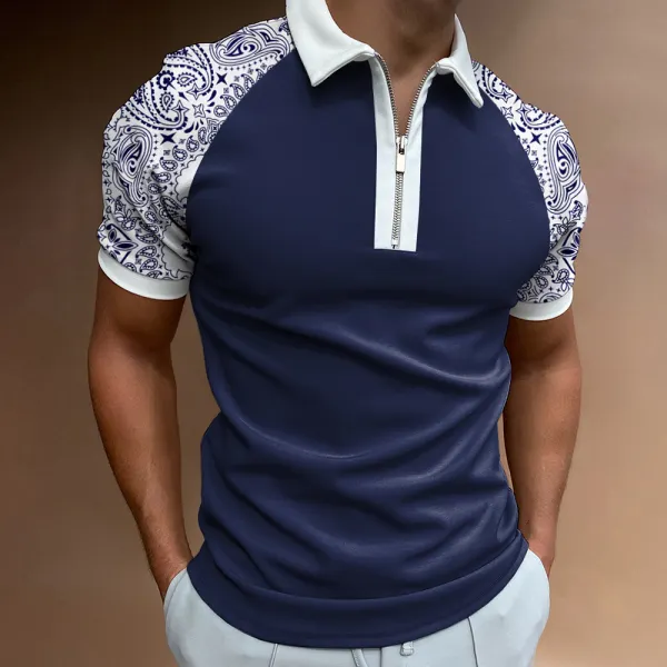 Men's Casual Paisley Pattern Print Color Matching Short Sleeve Zipper Polo Shirt - Sanhive.com 