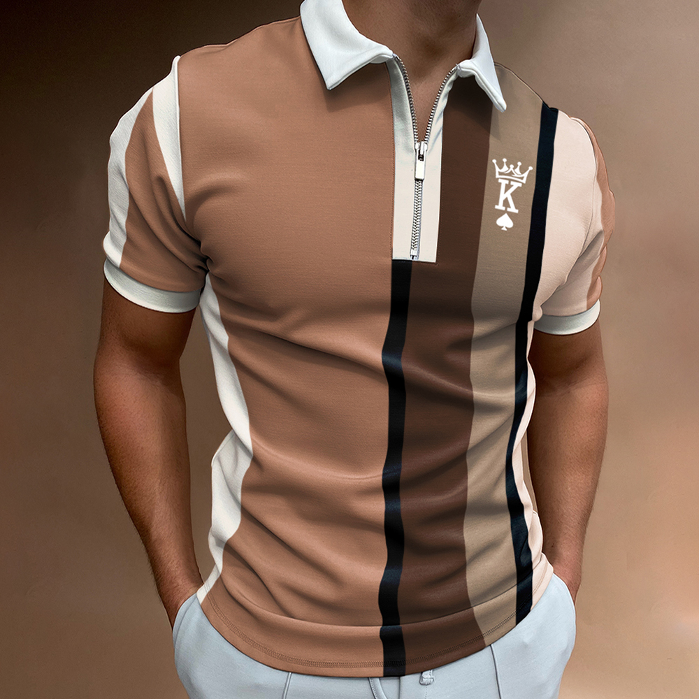 Men's Casual King Stripe Chic Pattern Print Short Sleeve Zipper Polo Shirt