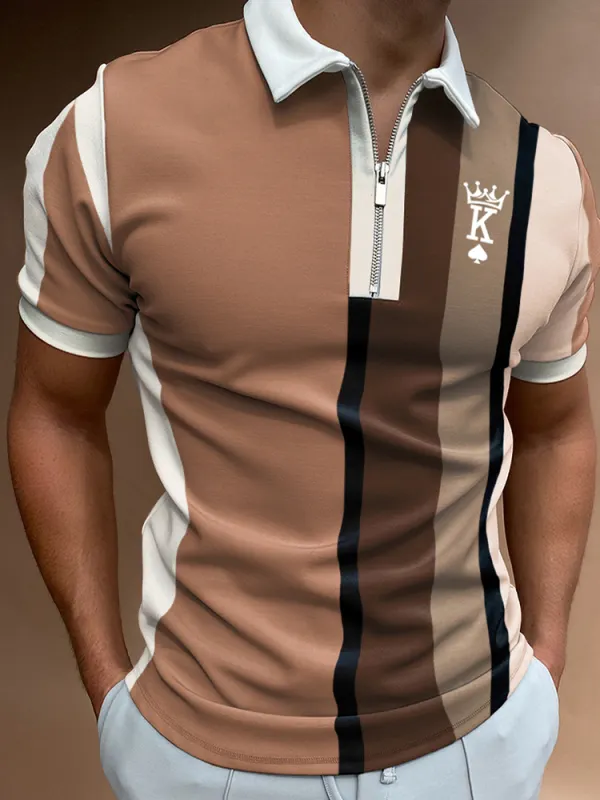 Men's Casual King Stripe Pattern Print Short Sleeve Zipper Polo Shirt - Oasisjoy.com 