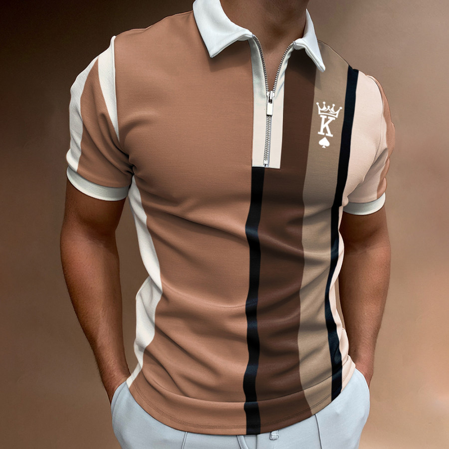 

Casual King Stripe Pattern Print Kurzarm-Poloshirt Mit Reißverschluss Für Herren