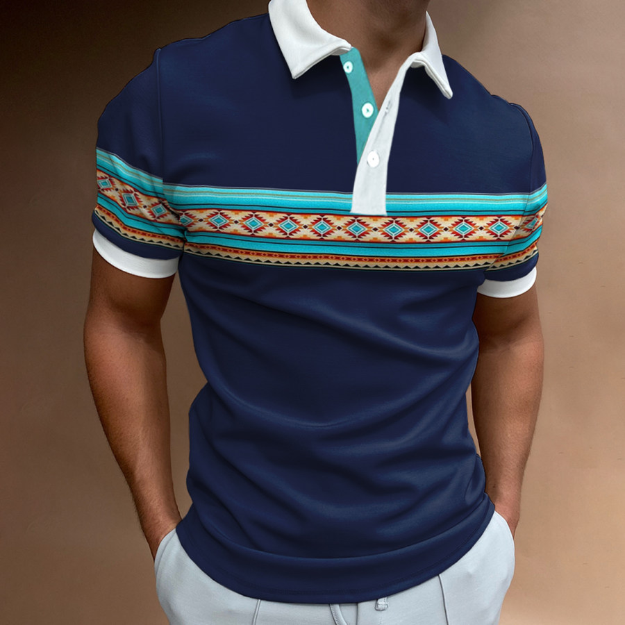 

Men's Casual Western Ethnic Pattern Print Color Matching Short Sleeve Polo Shirt