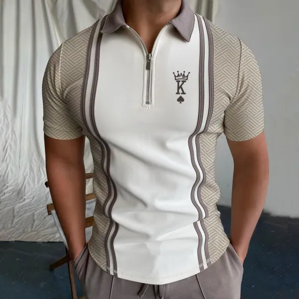 Men's Casual King Geometric Pattern Print Short Sleeve Zipper Polo Shirt - Fineyoyo.com 