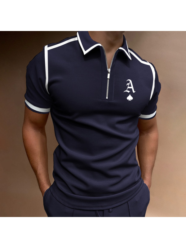 Men's Casual Ace Of Spades Print Color Matching Short Sleeve Zipper Polo Shirt