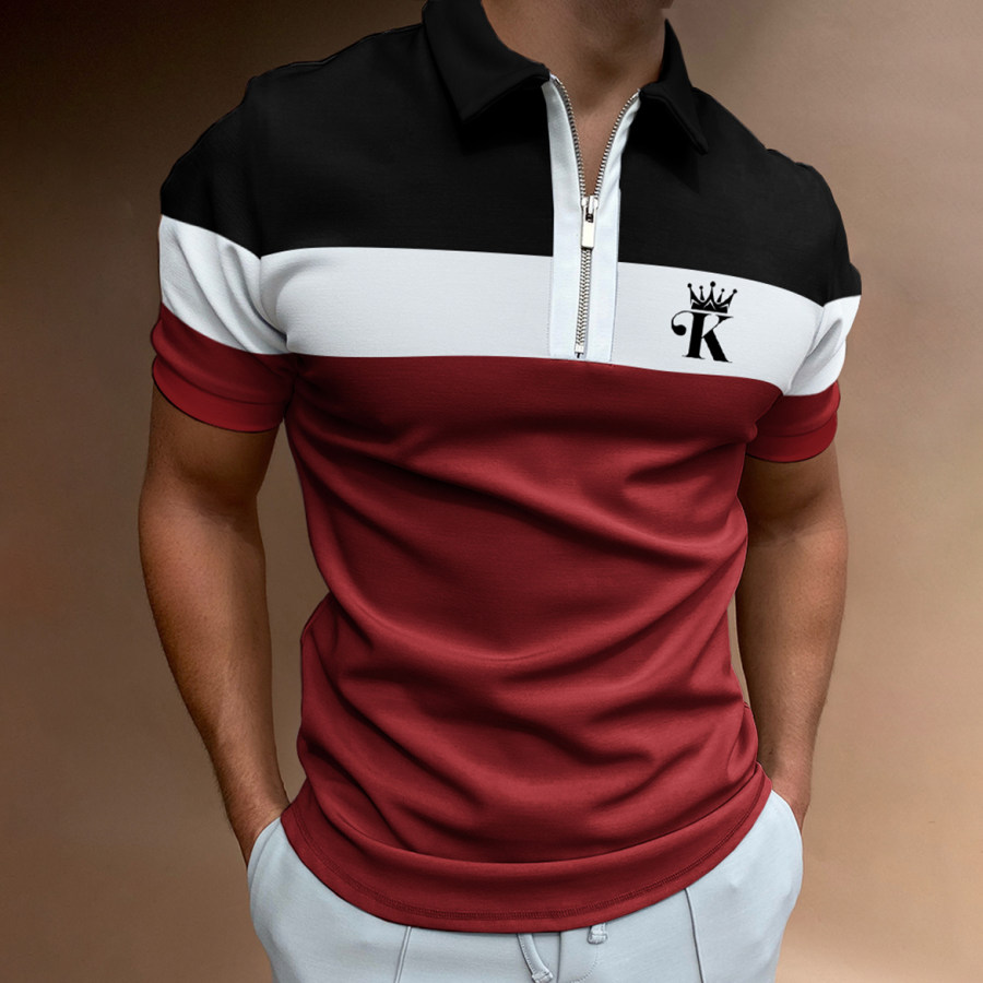 

Men's Casual King Print Color Matching Short Sleeve Zipper Polo Shirt