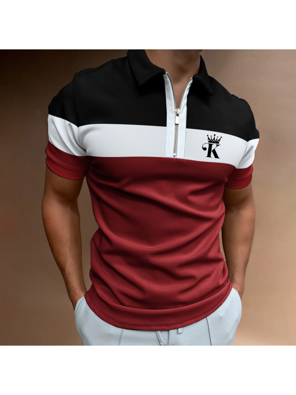 Men's Casual King Print Color Matching Short Sleeve Zipper Polo Shirt