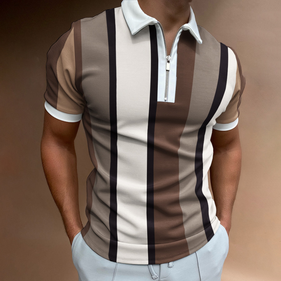 

Men's Casual Stripe Print Short Sleeve Zipper Polo Shirt