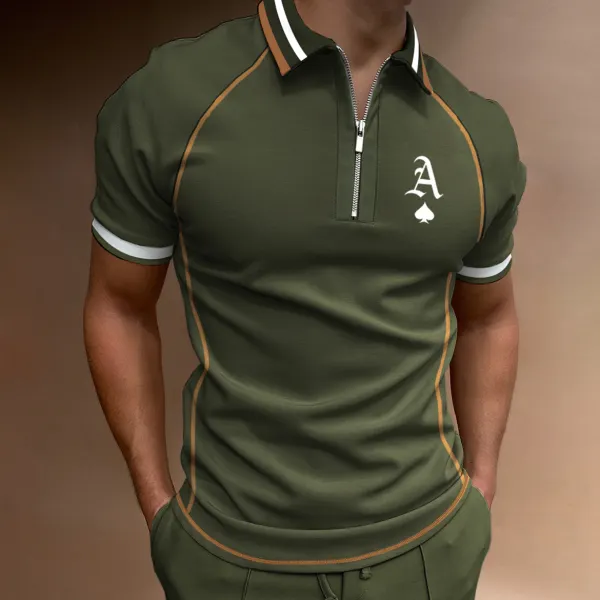 Men's Casual Poker Ace Print Color Matching Short Sleeve Zipper Polo Shirt - Sanhive.com 