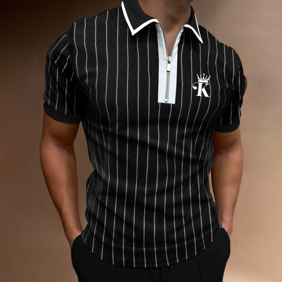 

Men's Casual Crown K Stripe Print Color Matching Short Sleeve Zipper Polo Shirt