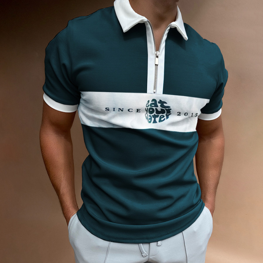 

Men's Casual "eat Your Water" Print Color Matching Short Sleeve Zipper Polo Shirt