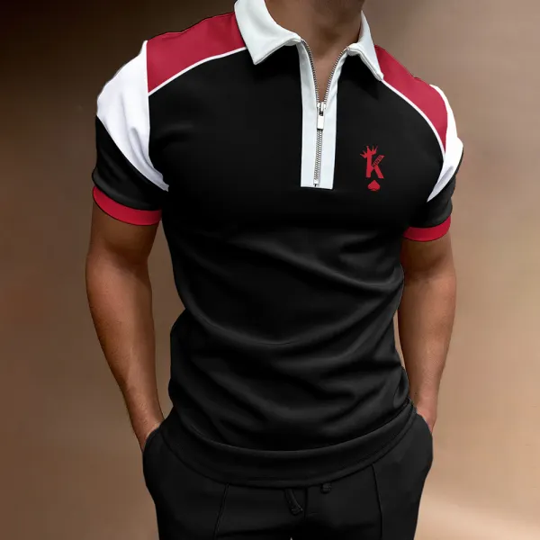 Men's Casual King Print Color Matching Short Sleeve Zipper Polo Shirt - Nikiluwa.com 