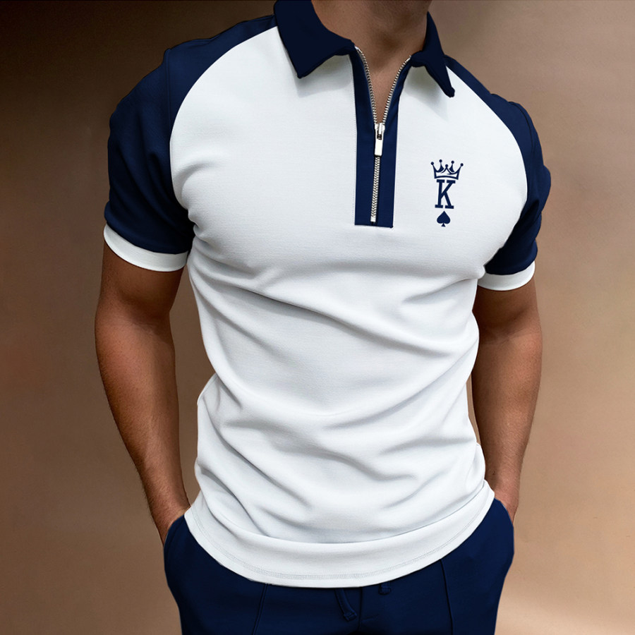 

Men's Casual Crown King Print Color Matching Short Sleeve Zipper Polo Shirt