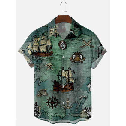 Mens Casual Map Nautical Print Lapel Shirt
