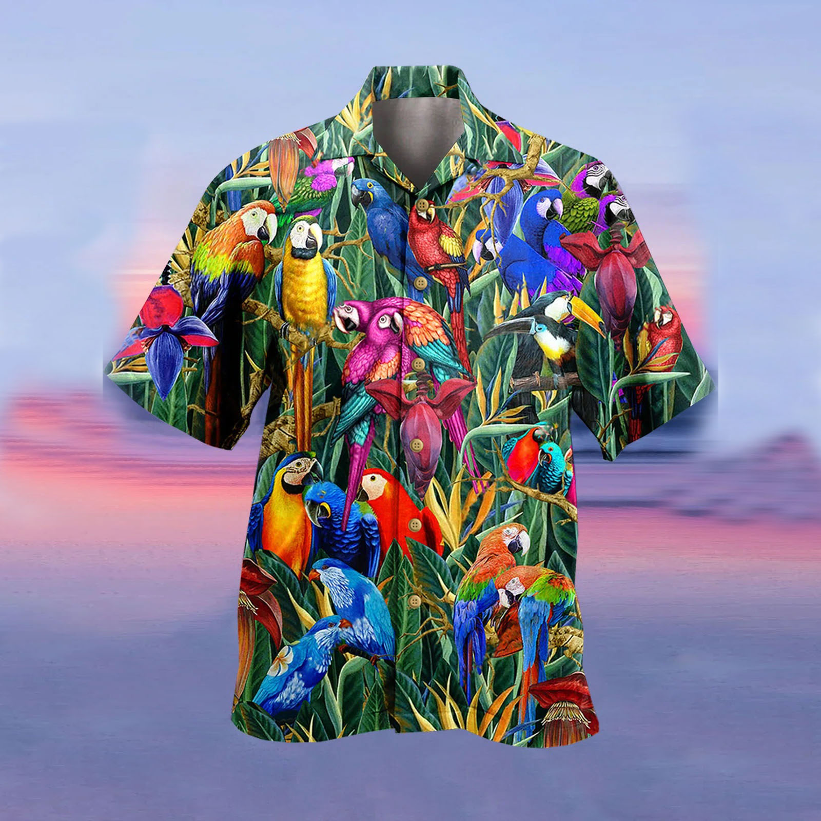Men's Bird Print Short Sleeve Chic Beach Shirt