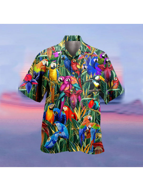 Men's Bird Print Short Sleeve Beach Shirt