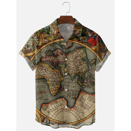 Mens Global Map Print Lapel Shirt