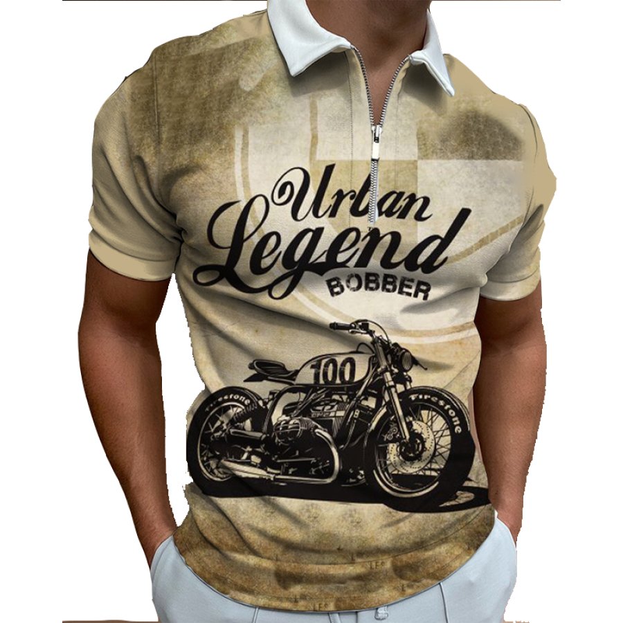 

Men's Vintage Motorcycle Print Zip Neck POLO Shirt