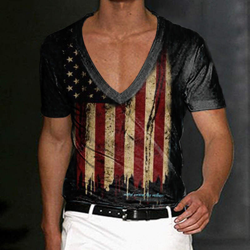 Usa Lndependence Day Men's Chic Flag Print Deep V Neck T-shirt