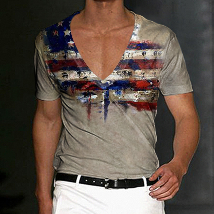 

Camiseta Masculina Com Estampa De Bandeira Do Dia Da Independência Dos EUA Com Decote Em V Profundo