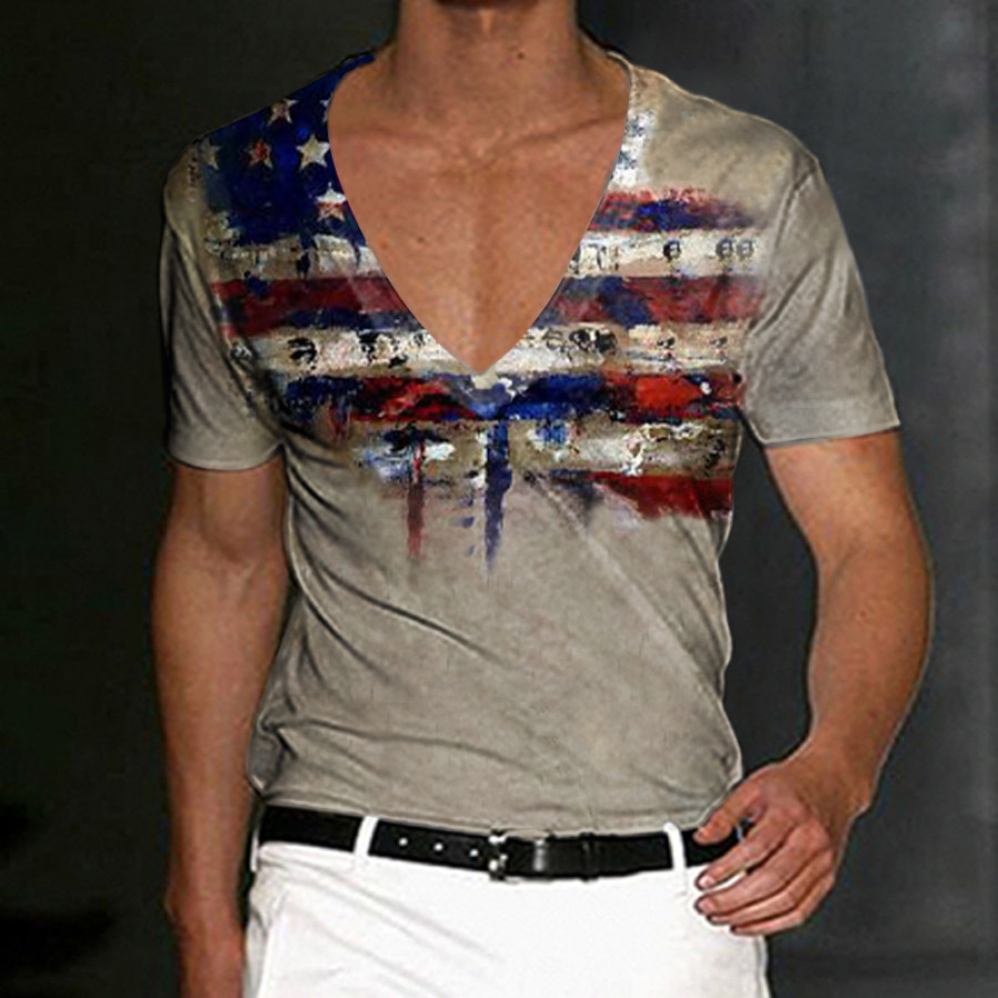 

T-shirt Da Uomo Con Scollo A V Profondo Con Stampa Bandiera USA Lndependence Day