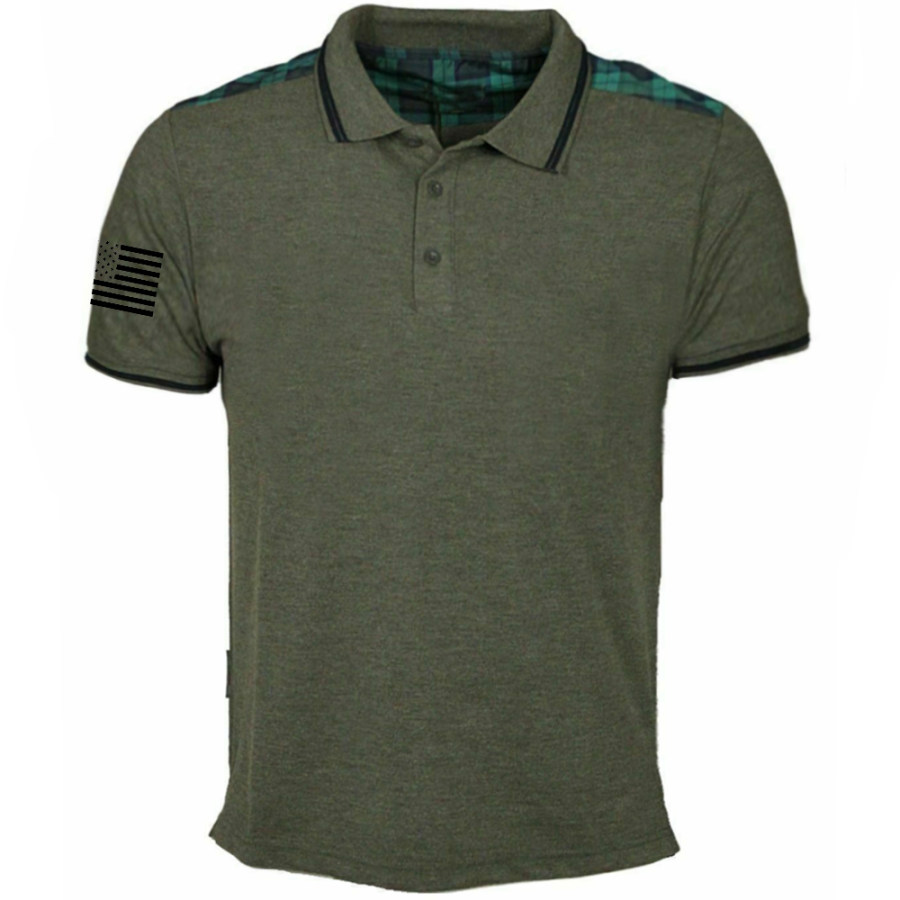 

Men's Outdoor Vintage Plaid Panel Polo Neck T-Shirt