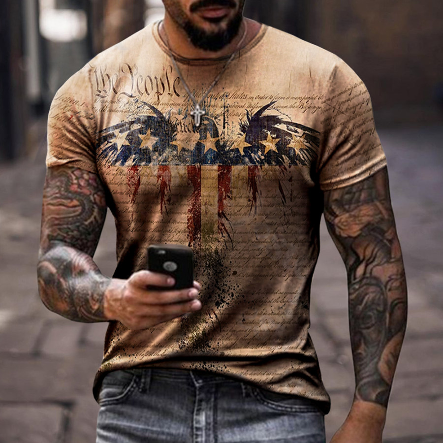 

Men's American Flag Vintage T-Shirt Crew Neck Short Sleeve Top