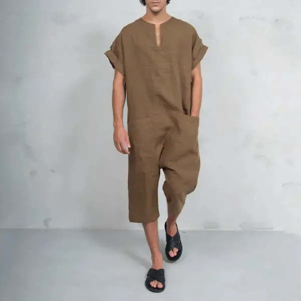 Men's Short Sleeve Linen Jumpsuit - Fineyoyo.com 
