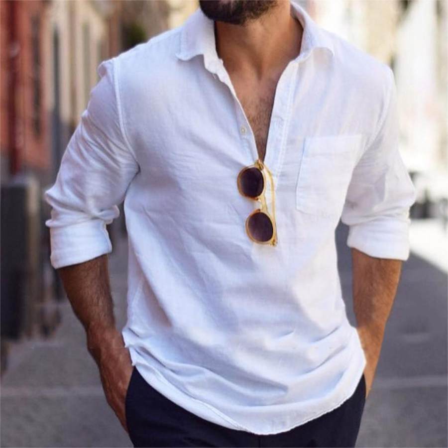 

Camicia A Maniche Lunghe In Lino Di Cotone Casual Retrò Da Uomo