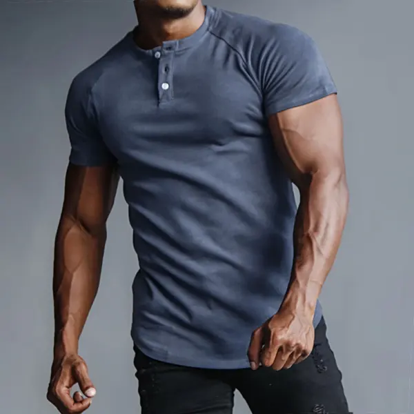 Men's Outdoor Casual Solid Color Henry Collar Bottoming Shirt Sports Fitness Running Slim Short-sleeved T-shirt - Mobivivi.com 