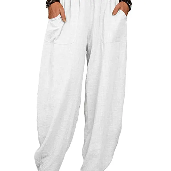 Linen Blend Casual Solid Pockets Women Harlan Pants - Blaroken.com 