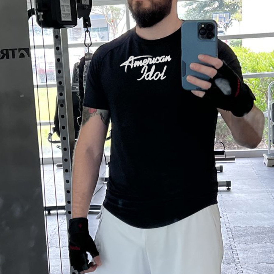 

Men American Idol Print Gym Workout Casual Breathable Sports Basketball Short Sleeve T-Shirt