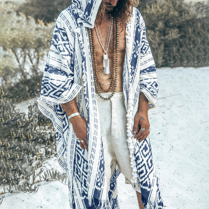 Men's Totem Print Linen Hooded Cape