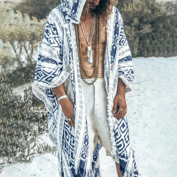 Men's Totem Print Linen Hooded Cape - Chrisitina.com 