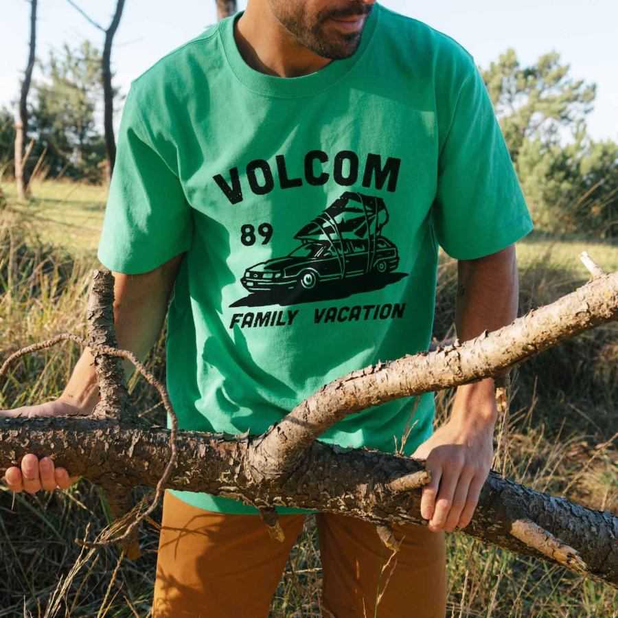 

Camiseta Masculina Vintage Volcom Car Graphic Manga Curta Tamanho Grande Ao Ar Livre Casual Verão Diariamente Tops Verde