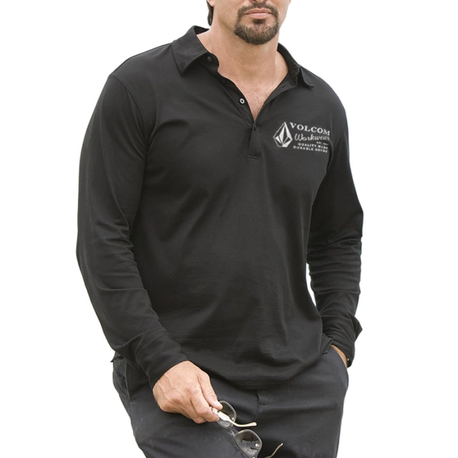 

Men's Long Sleeve T-Shirt Retro Print Button Polo Collar Casual Pullover