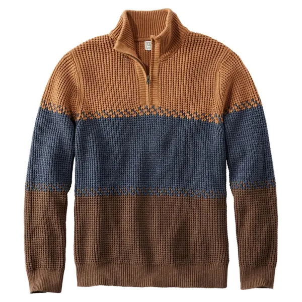 Norwegian Sweater Men's 1/4 Zip Henley Stand Collar Organic Cotton Waffle Sweater Stripe Qutdoor Autumn And Winter Warm - Cotosen.com