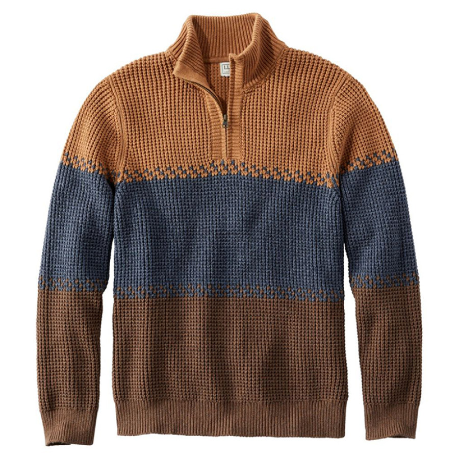 

Norwegian Sweater Men's 1/4 Zip Henley Stand Collar Organic Cotton Waffle Sweater Stripe Qutdoor Autumn And Winter Warm