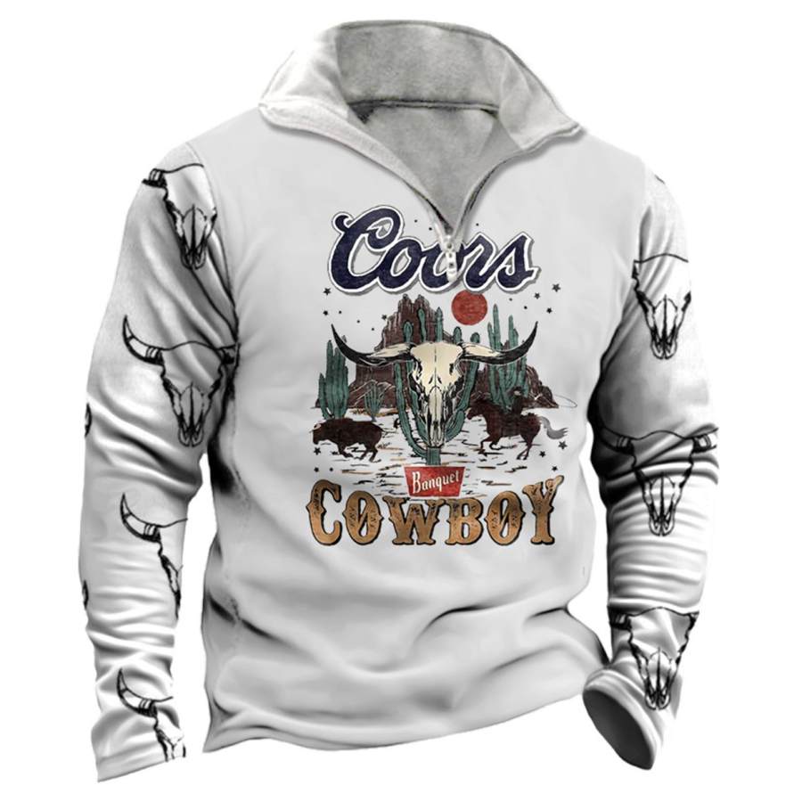 

Men's Sweatshirt Quarter Zip Western Cowboy Coors Banquet Rodeo Vintage Daily Tops White