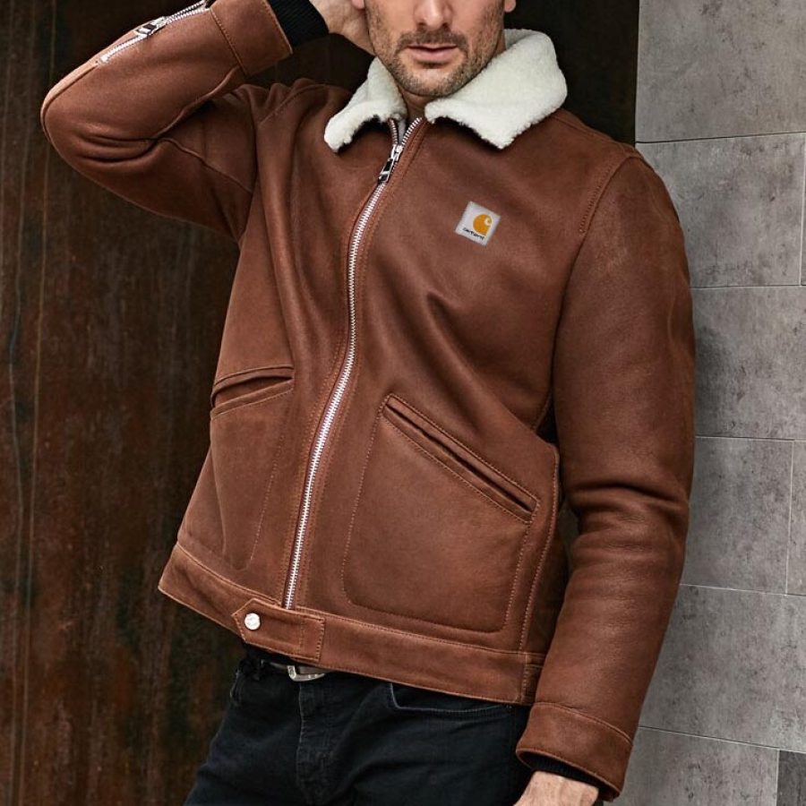 

Chaqueta De Piel De Oveja Para Hombre Ropa De Abrigo Al Aire Libre Con Solapa De Lana De Cuero Vintage Marrón