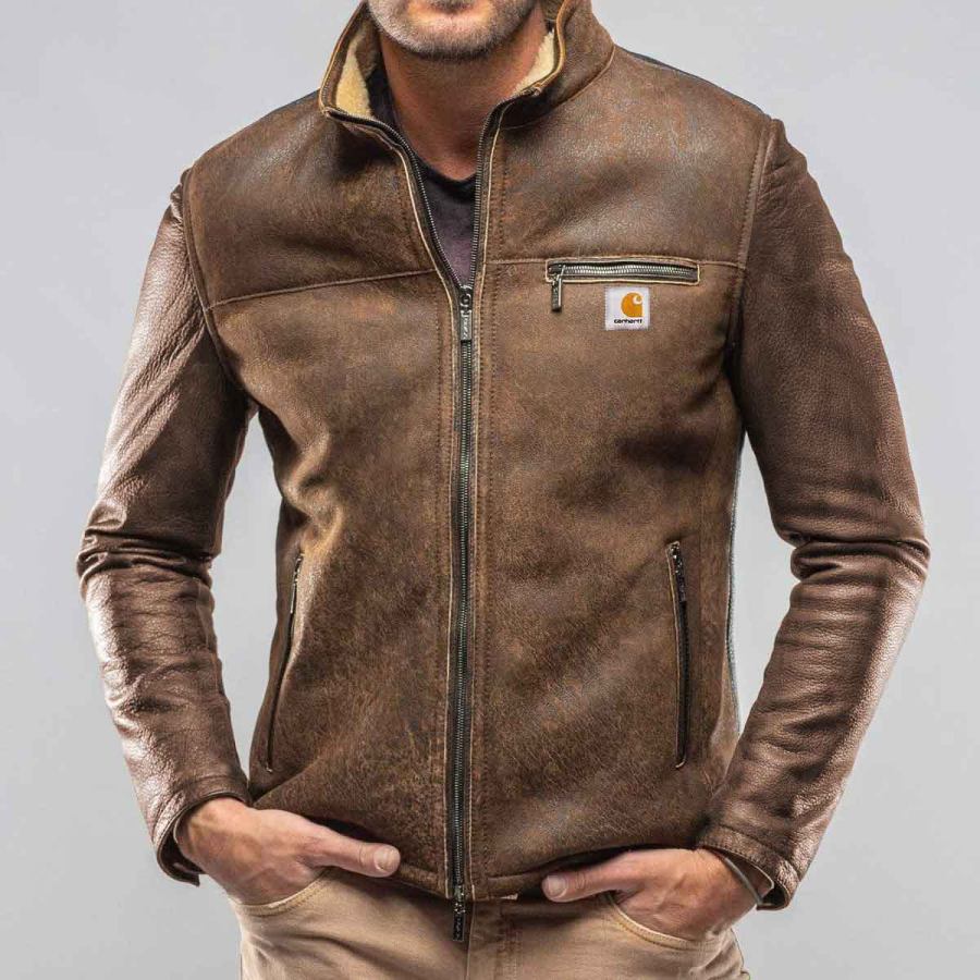 

Chaqueta De Piel De Oveja Para Hombre Forro Polar De Cuero Cuello Alto Vintage Al Aire Libre Marrón